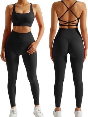 Seamless High-Waist Ribbed Leggings & Strappy Sports Bra Set- Black